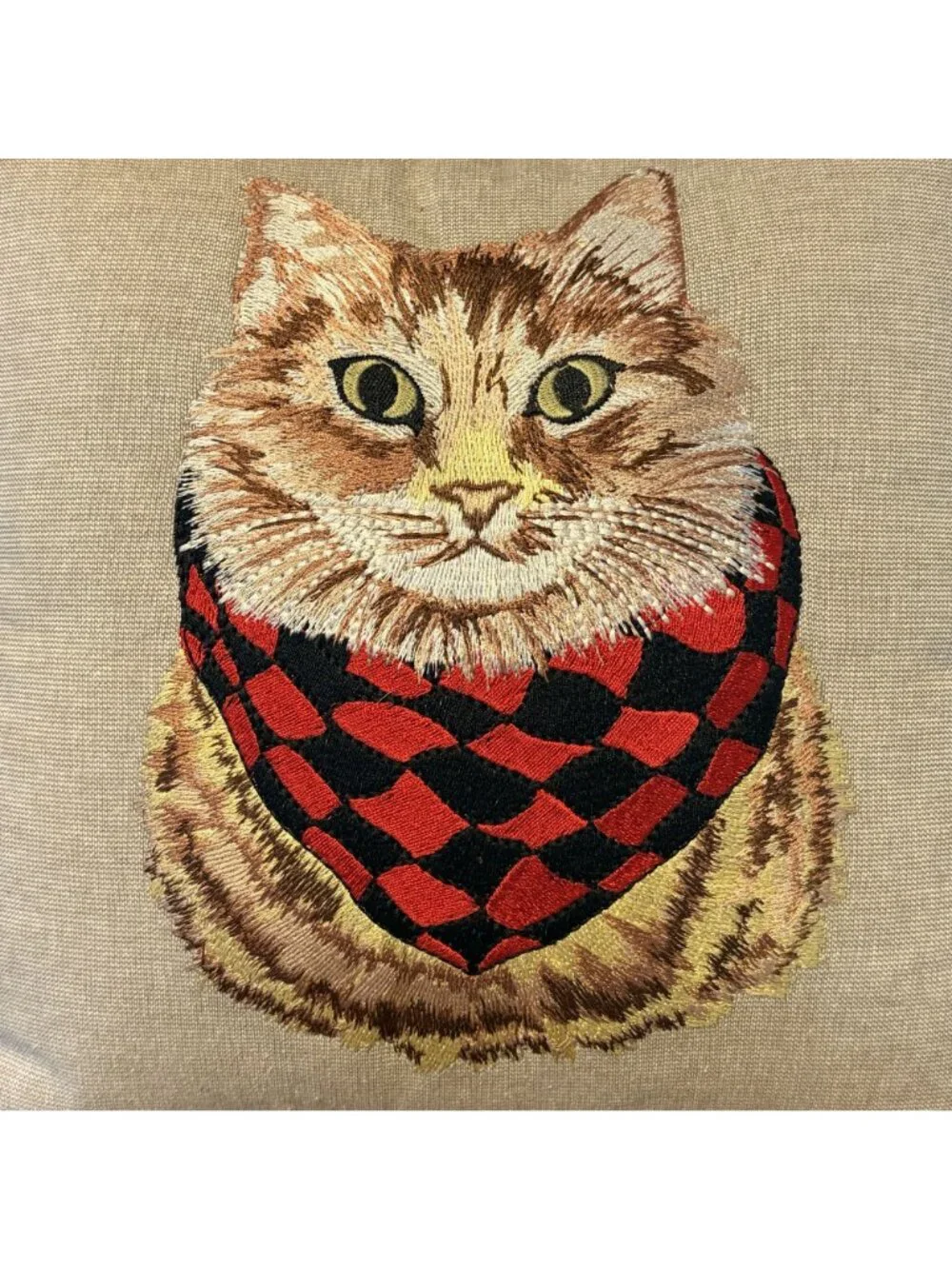 Pier 1 Decorative Cat Throw Pillow Red Black Scarf Embroidery Pom-Pom Trim 11x11